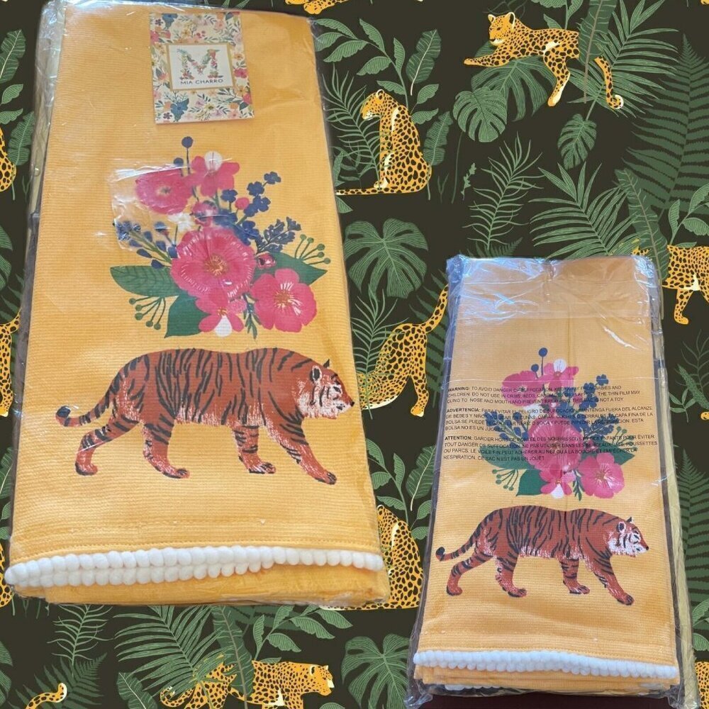 Mia Charro Marigold Tiger Floral Graphic Woven Accent Cotton Kitchen Towels-3 Pk